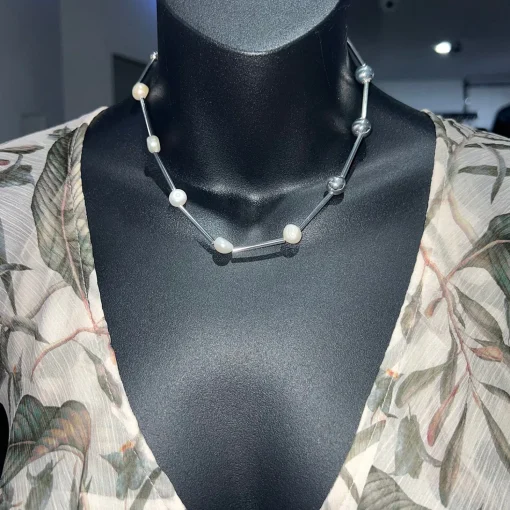 Ball Pearl Half/Half Short Necklace - Cream/Silver - AD10
