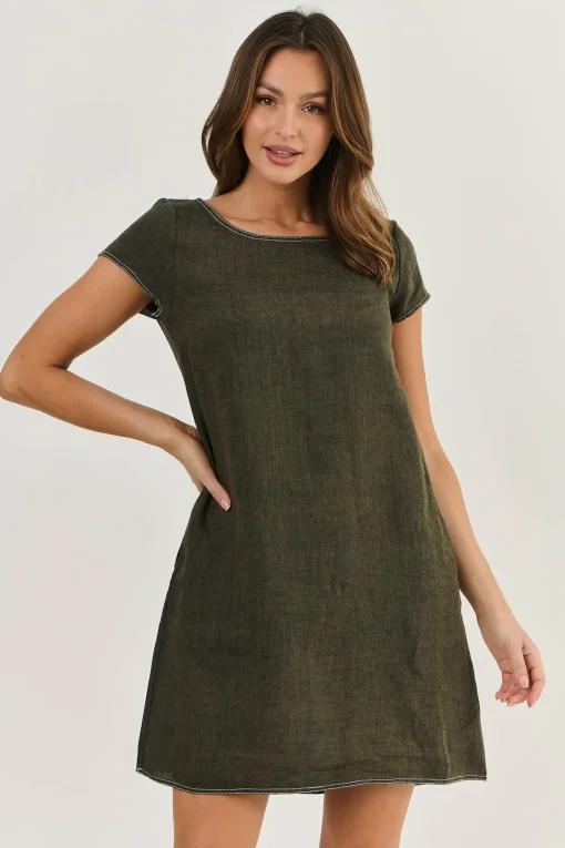 Cap Sleeve Linen Dress - Licorice - OJ3