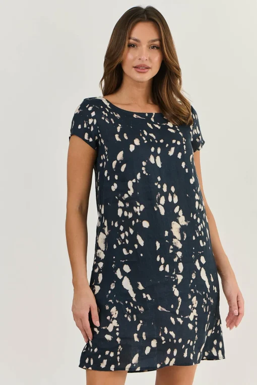 Cap Sleeve Linen Dress - Universe - OJ3