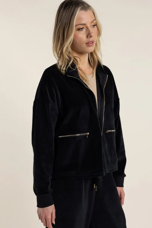 Claire Cropped Velour Jacket - Black - TT36