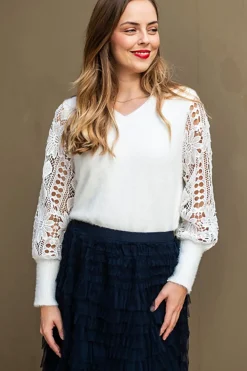 Crochet Sleeve Knit - White - SO10