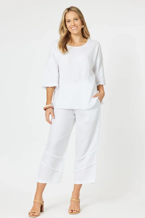 Fringed Linen Pant - White - HV19