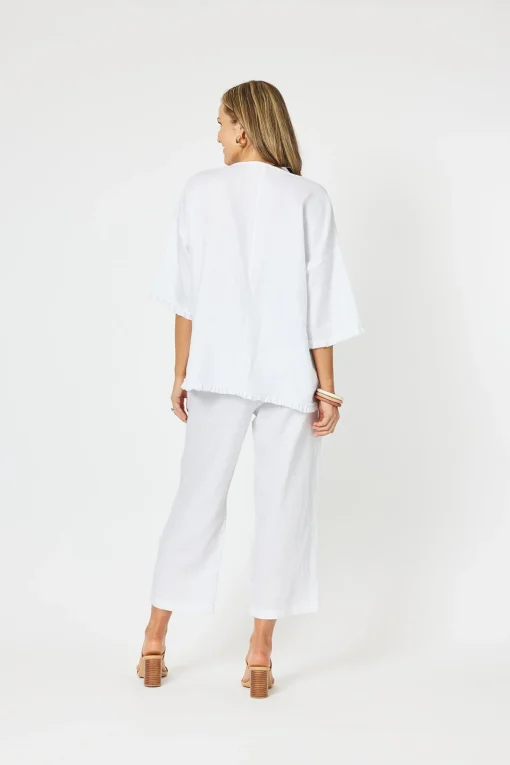 Fringed Linen Top - White - HV13