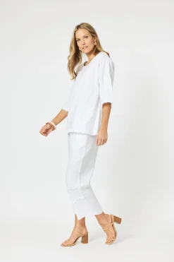 Fringed Linen Top - White - HV13