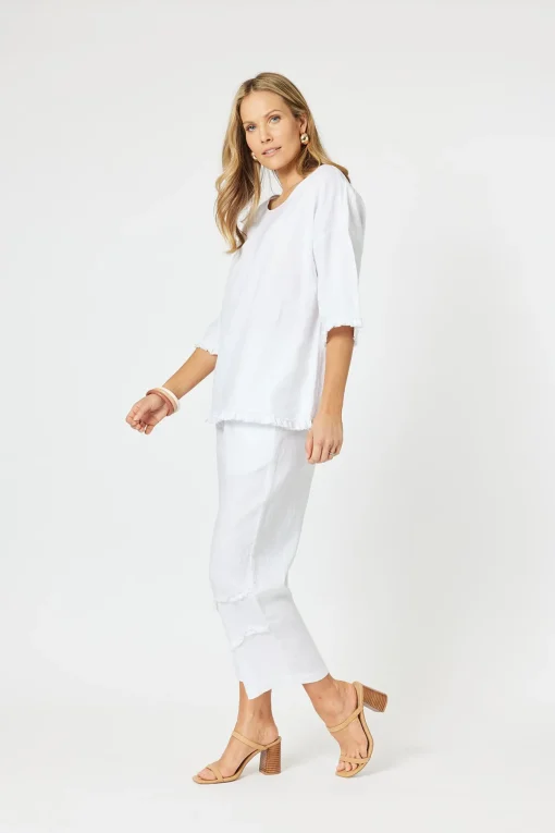 Fringed Linen Top - White - HV13