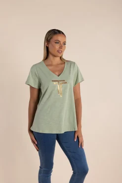 Gold Logo Sequin V-Neck Tee - Avocado - TT52