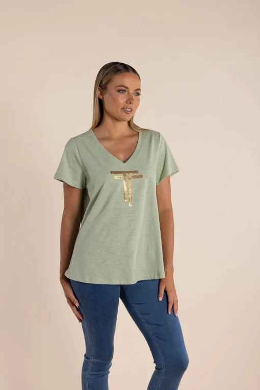 Gold Logo Sequin V-Neck Tee - Avocado - TT52