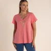 Gold Logo Sequin V-Neck Tee - Coral - TT52