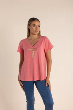 Gold Logo Sequin V-Neck Tee - Coral - TT52