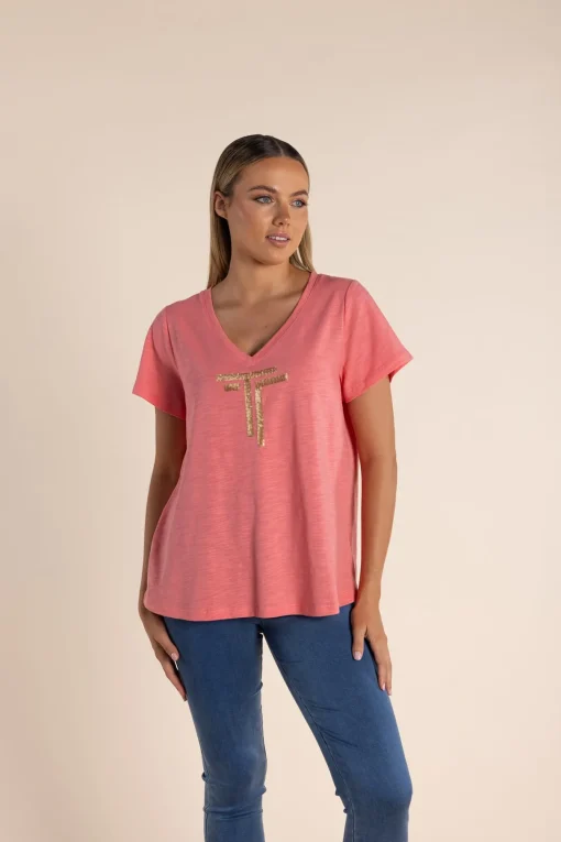 Gold Logo Sequin V-Neck Tee - Coral - TT52