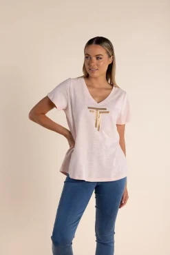 Gold Logo Sequin V-Neck Tee - Soft Pink - TT52