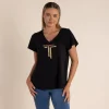 Gold Logo Sequin V-Neck Tee - Black - TT52