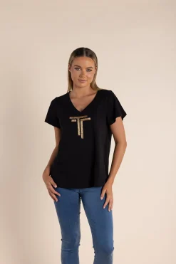 Gold Logo Sequin V-Neck Tee - Black - TT52
