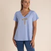 Gold Logo Sequin V-Neck Tee - Sky - TT52
