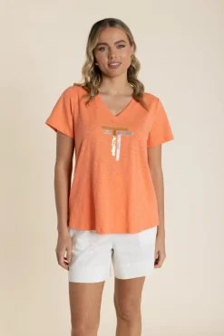 Gold/Silver Logo Sequin V-Neck Tee - Tangelo - TT60
