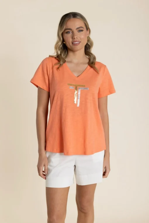 Gold/Silver Logo Sequin V-Neck Tee - Tangelo - TT60