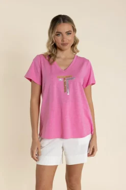 Gold/Silver Logo Sequin V-Neck Tee - French Pink - TT60
