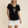 Gold/Silver Logo Sequin V-Neck Tee - Black - TT60
