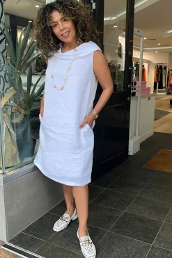 Linen Cowl Neck Dress - White - SS31