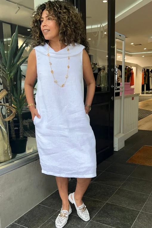 Linen Cowl Neck Dress - White - SS31