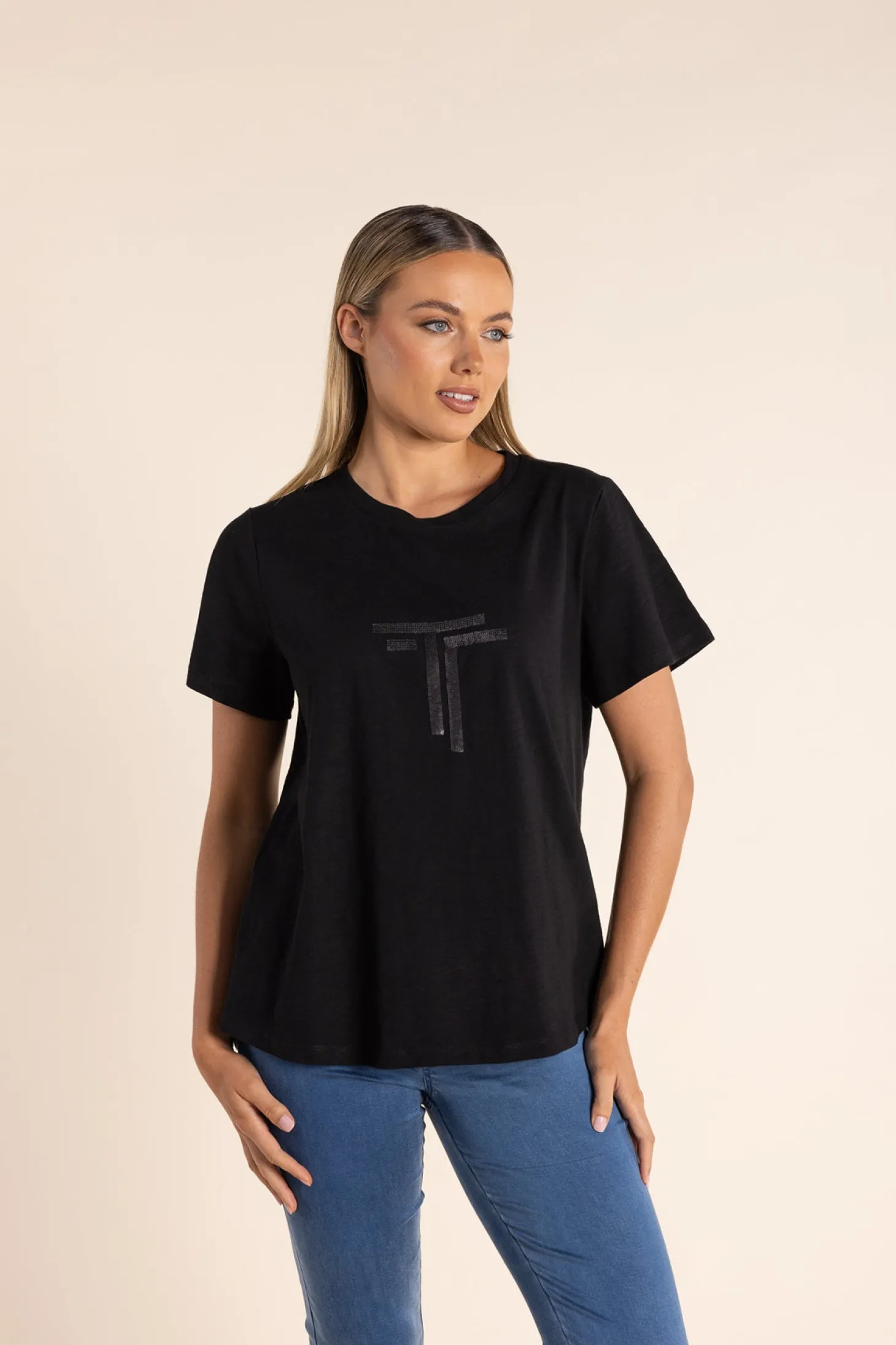 Logo Sequin Crew Tee - Black - TT53