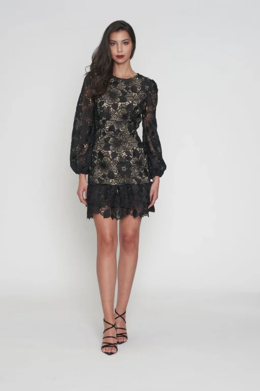 Paris Puff Sleeve Dress - Black/Nude - ROM43