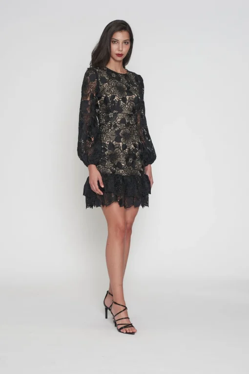 Paris Puff Sleeve Dress - Black/Nude - ROM43