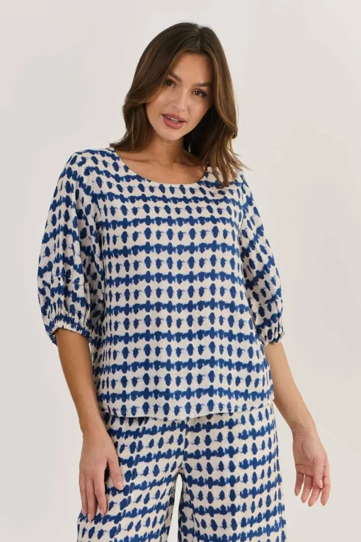 Round Neck Linen Top - Delta Blot - OJ28