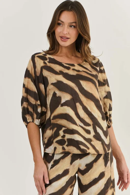 Round Neck Linen Top - Wildcat - OJ28
