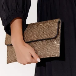Ruby Rhinestone Fold Over Clutch - Gold - AD11