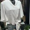 Satin V-Neck Top with Front Tie - Vanilla - JR4
