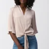 Satin V-Neck Top with Front Tie - Parchment - JR4