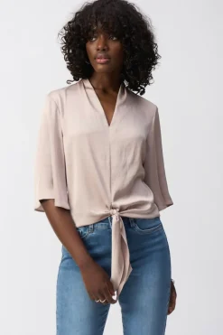 Satin V-Neck Top with Front Tie - Parchment - JR4