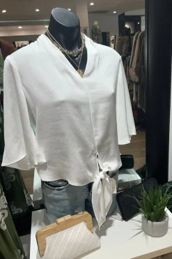 Satin V-Neck Top with Front Tie - Vanilla - JR4