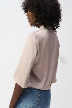 Satin V-Neck Top with Front Tie - Parchment - JR4
