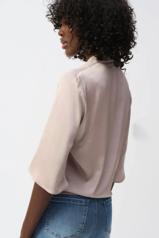 Satin V-Neck Top with Front Tie - Parchment - JR4