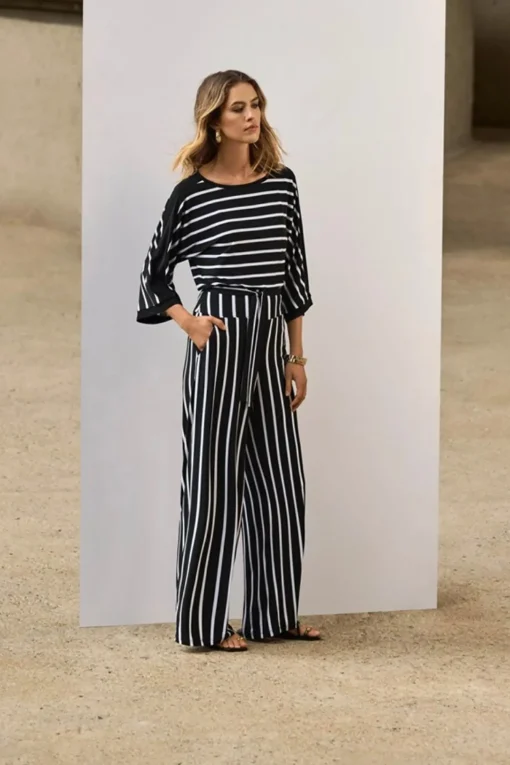 Striped Silky Wide Leg Pant - Black - JR54