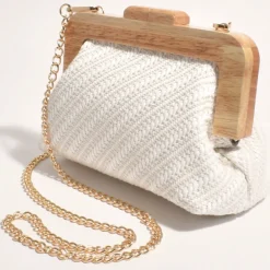 Tessa Diagonal Weave Timber Frame Clutch - White - AD14