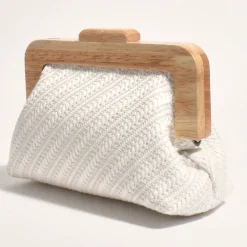 Tessa Diagonal Weave Timber Frame Clutch - White - AD14