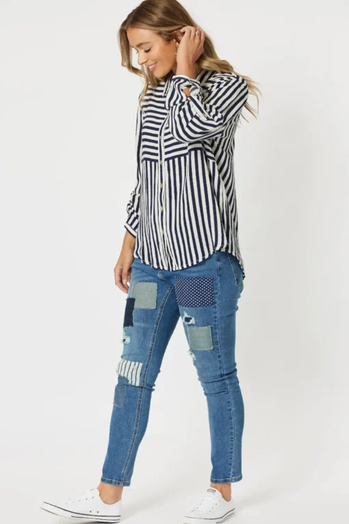 Tina Stripe Shirt - Navy & White - TZ35