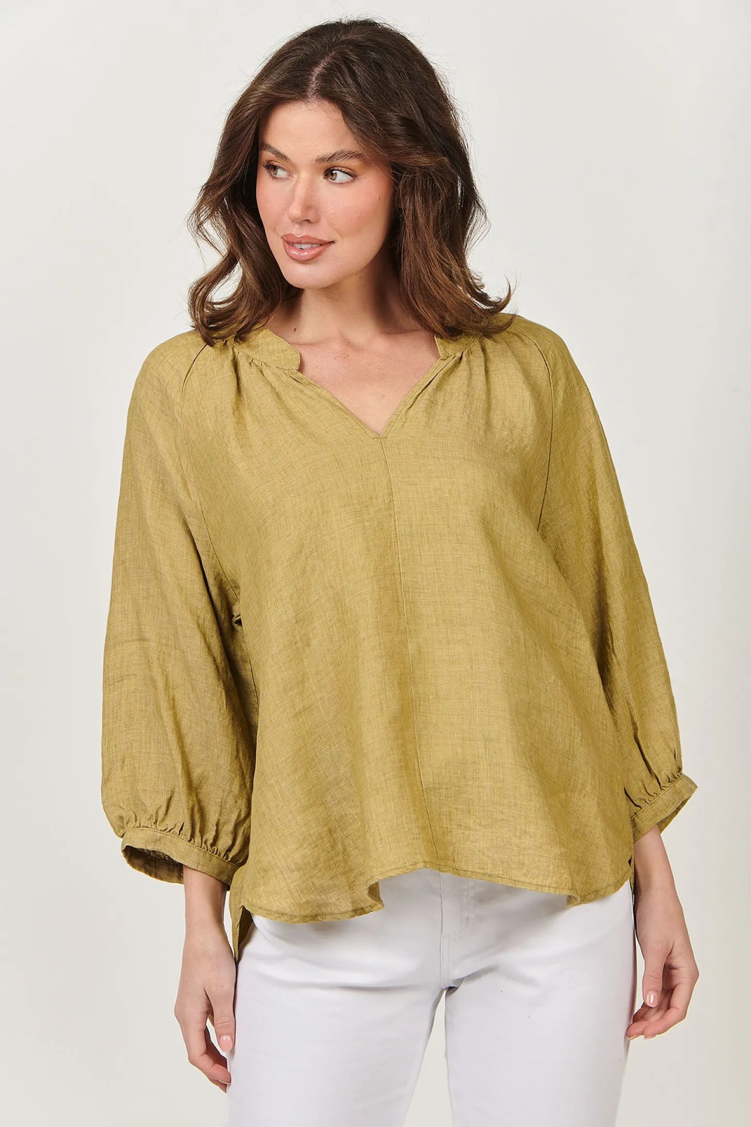 Trudy V-Neck Linen Top - Peridot - OJ24
