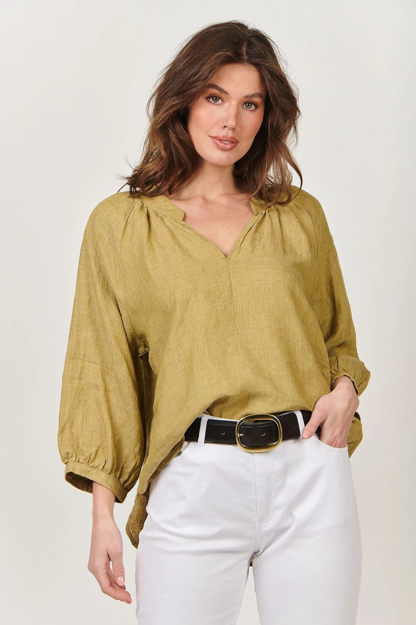 Trudy V-Neck Linen Top - Peridot - OJ24
