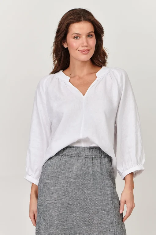 Trudy V-Neck Linen Top - White - OJ24