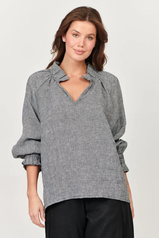 Tulip V-Neck Linen Top - Pepper - OJ27