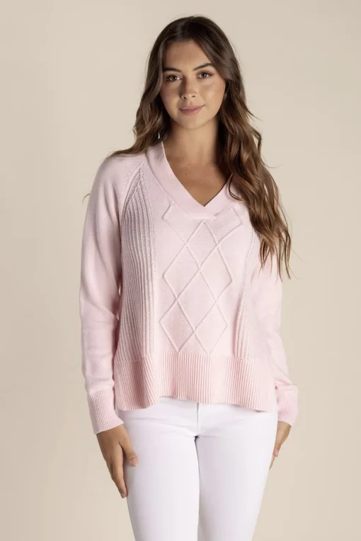 Tyra V Neck Cable Sweater - Pale Pink - TT25