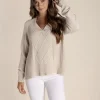 Tyra V Neck Cable Sweater - Stone - TT25