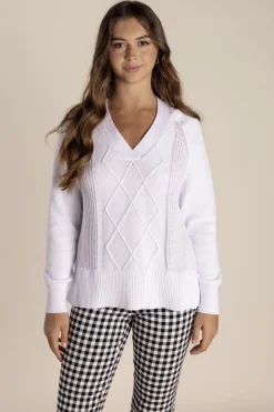 Tyra V Neck Cable Sweater - White - TT25