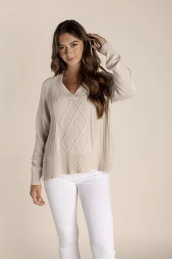 Tyra V Neck Cable Sweater - Stone - TT25