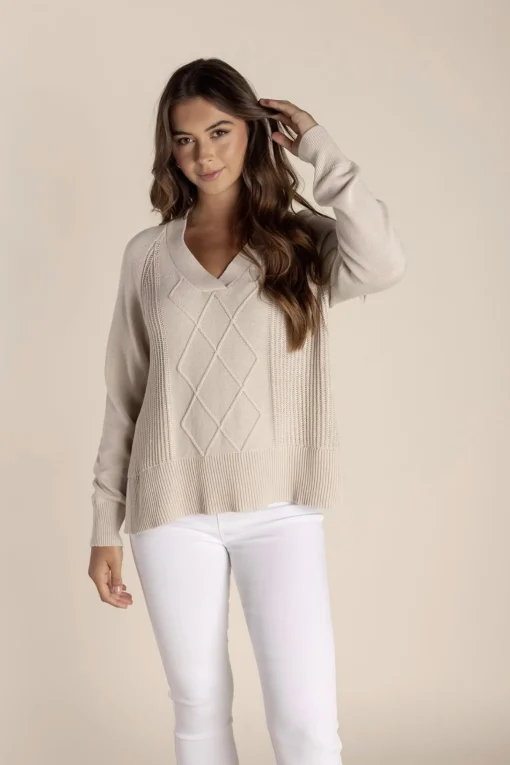 Tyra V Neck Cable Sweater - Stone - TT25