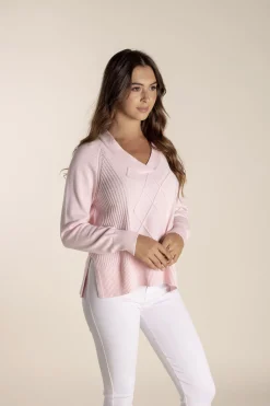 Tyra V Neck Cable Sweater - Pale Pink - TT25